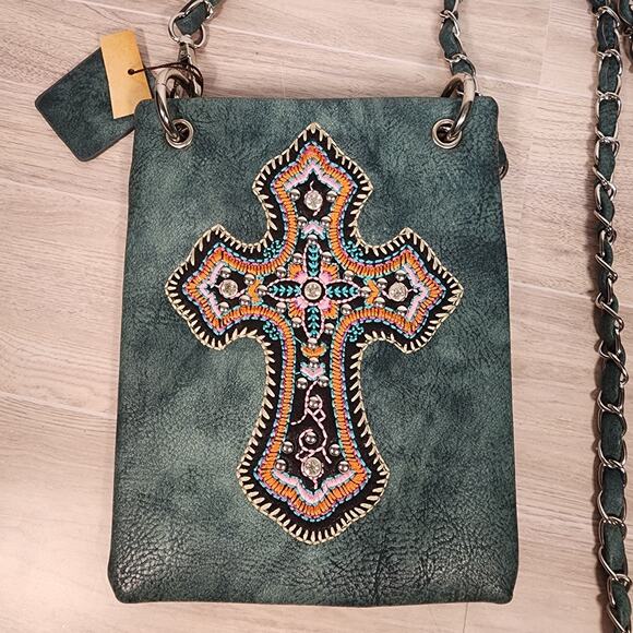 P&G Rhinestone Western Turquoise Cross Metal Studded Crossbody Messenger Bag NWT - Picture 2 of 11